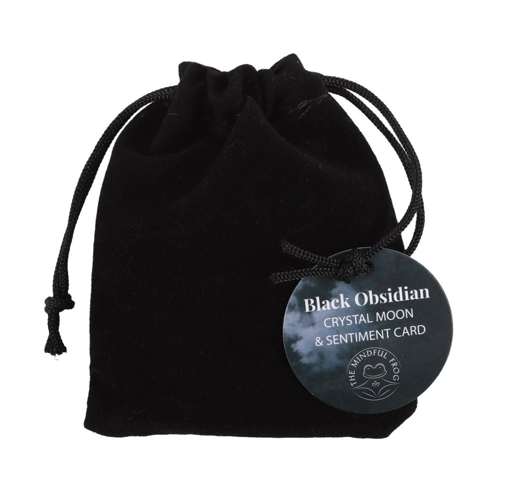 BLACK OBISIDIAN MOON WITH BEAUTIFUL DESCRIPTION CARD IN A BAG