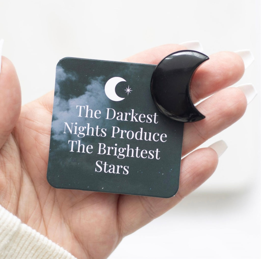 BLACK OBISIDIAN MOON WITH BEAUTIFUL DESCRIPTION CARD IN A BAG
