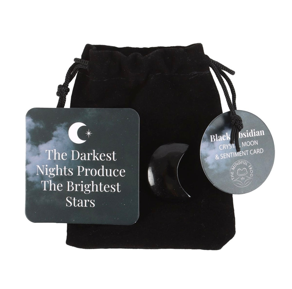 BLACK OBISIDIAN MOON WITH BEAUTIFUL DESCRIPTION CARD IN A BAG