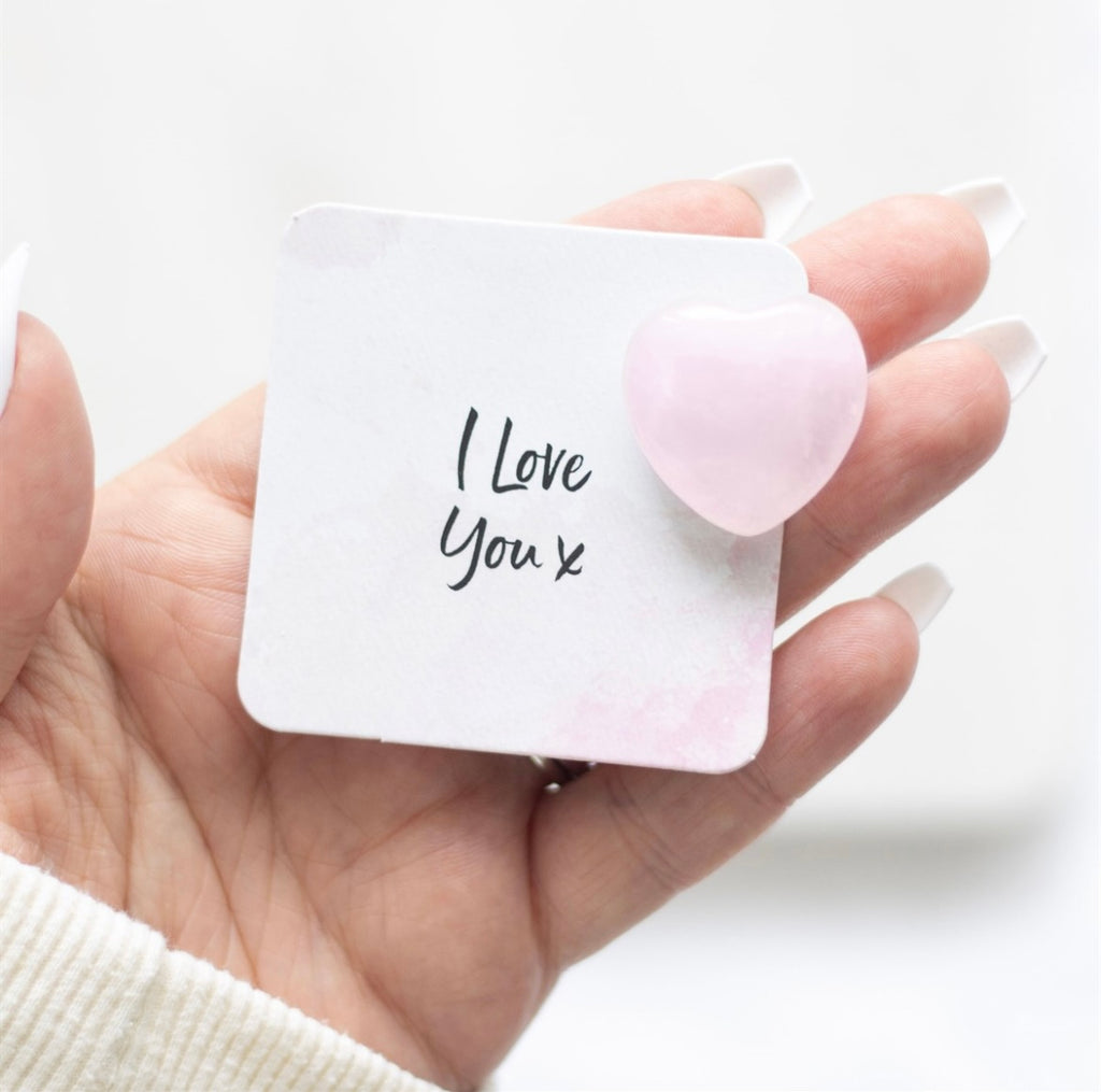 I LOVE YOU ROSE QUARTZ CRYSTAL HEART A WITH BEAUTIFUL DESCRIPTION CARD IN A BAG