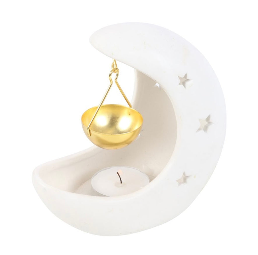 WHITE CRESCENT MOON HANGING OIL BURNER WITH GOLD DISH