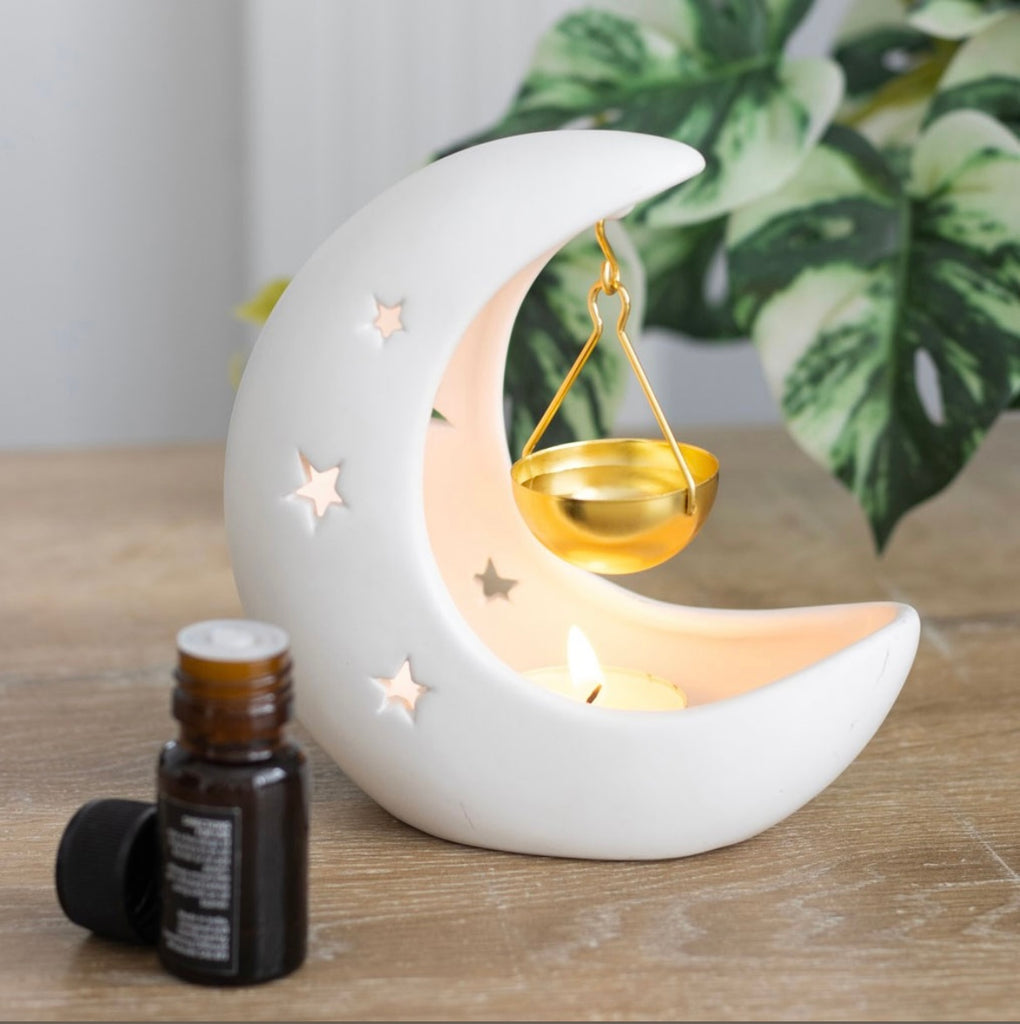 WHITE CRESCENT MOON HANGING OIL BURNER WITH GOLD DISH