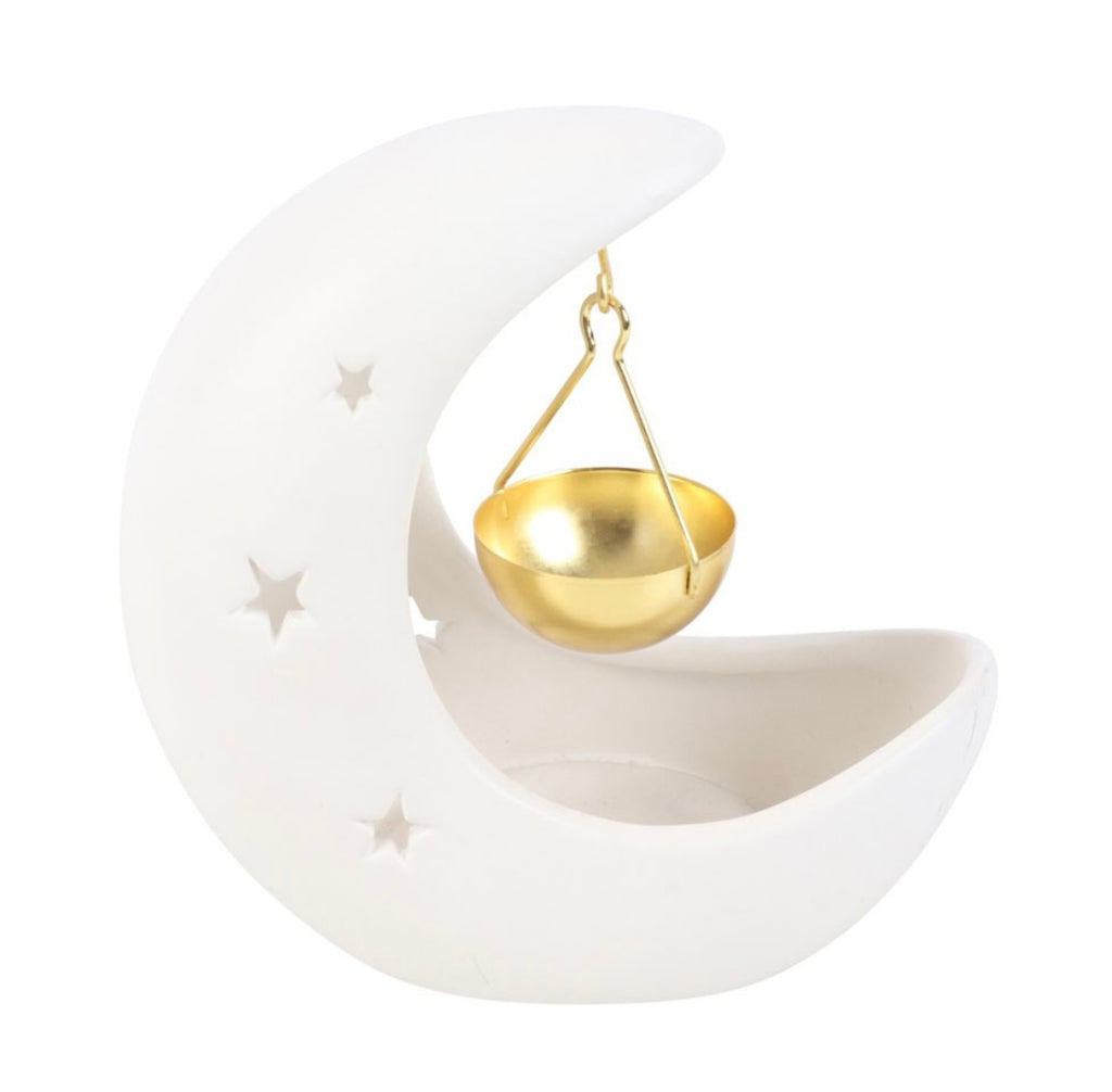 WHITE CRESCENT MOON HANGING OIL BURNER WITH GOLD DISH