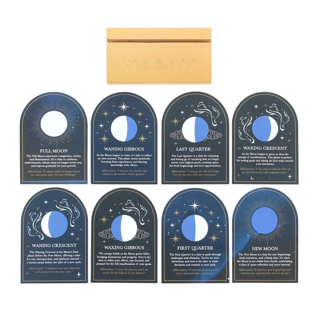 SET OF 8 MOON PHASE CARDS WITH WOODEN STAND