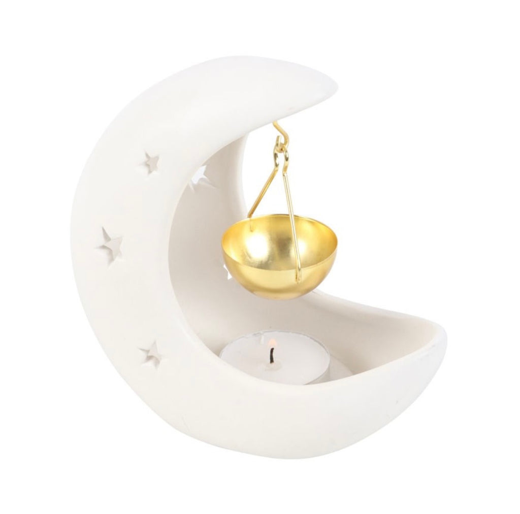 WHITE CRESCENT MOON HANGING OIL BURNER WITH GOLD DISH