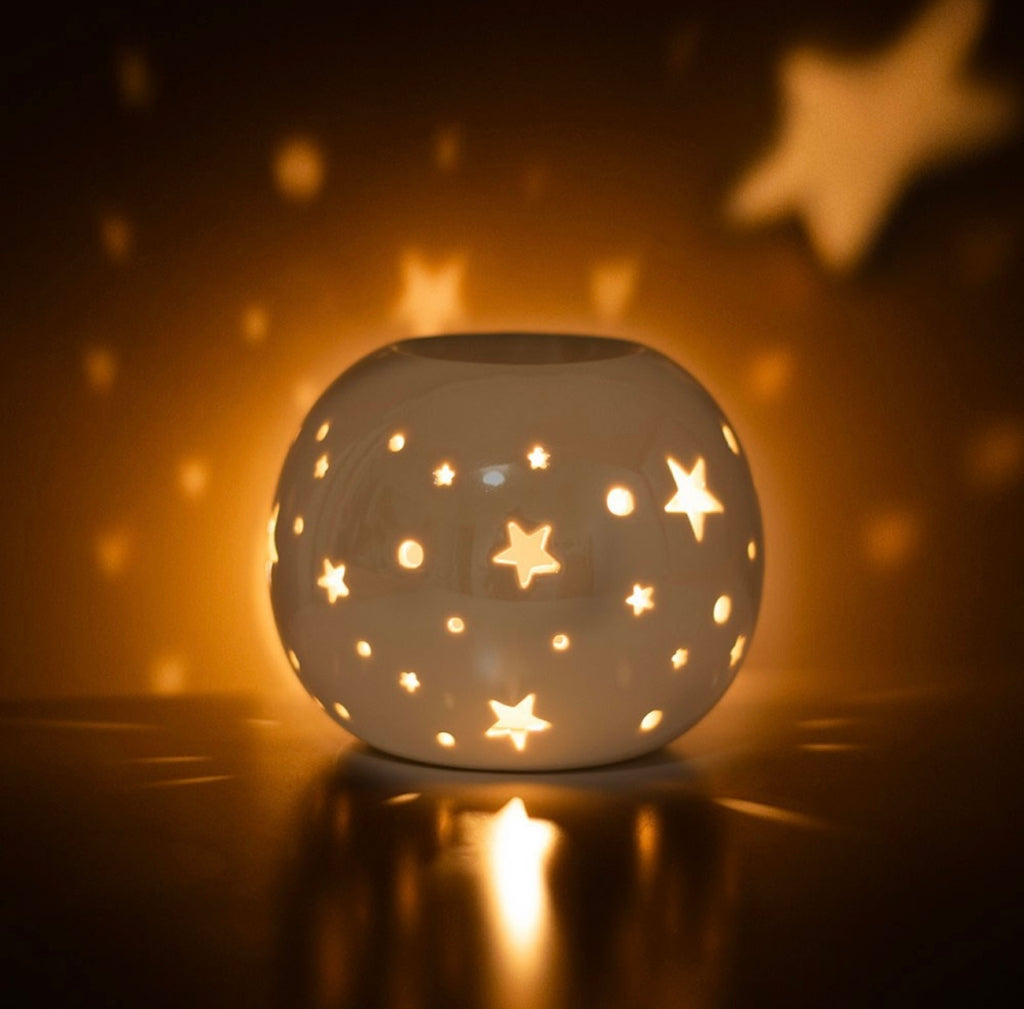 WHITE IRIDESCENT STAR OIL BURNER AND WAX WARMER